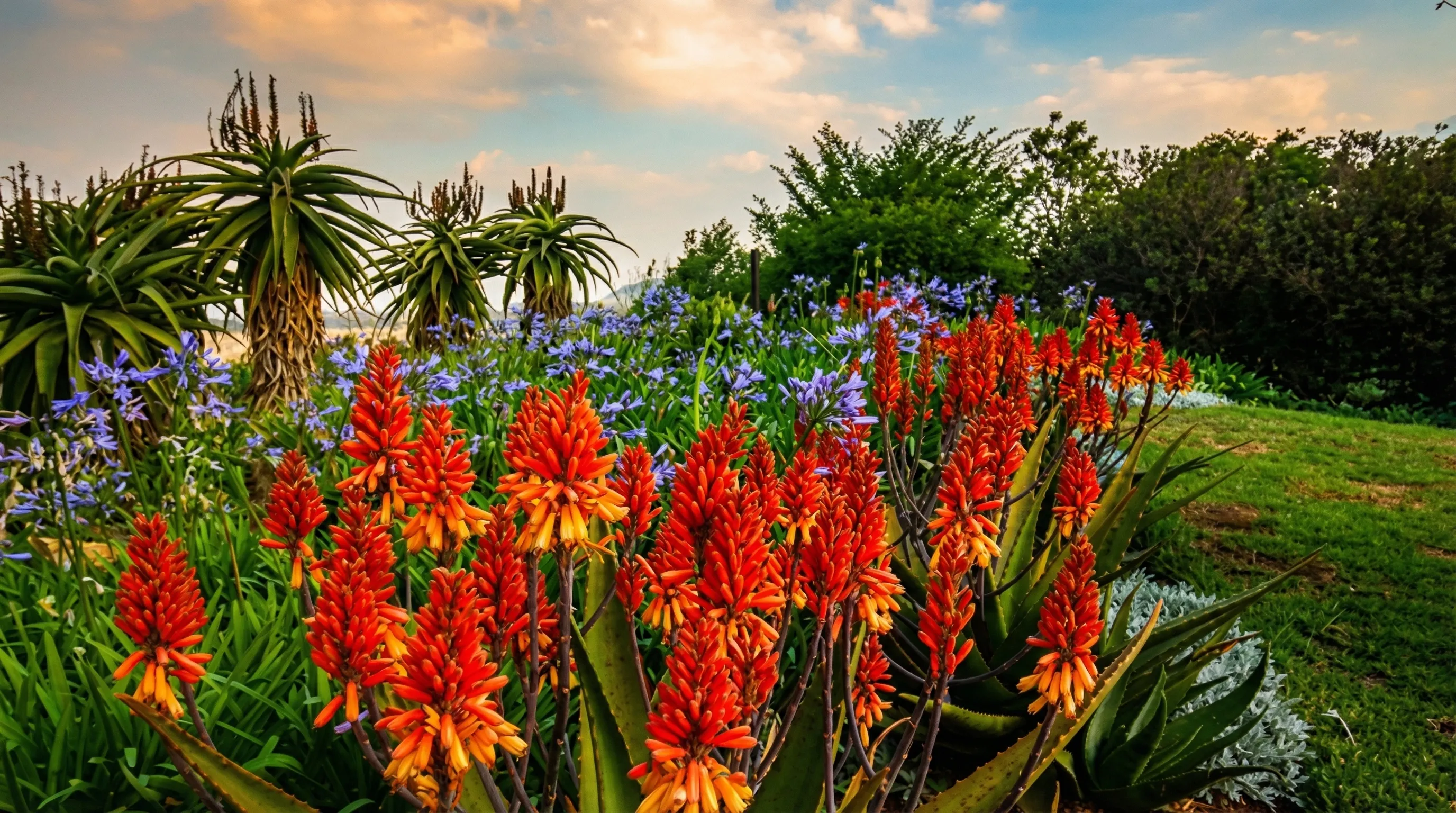 A vibrant indigenous garden designed by Vernon Garde Landscaping, with flowering red aloes and blue agapanthus at sunset.